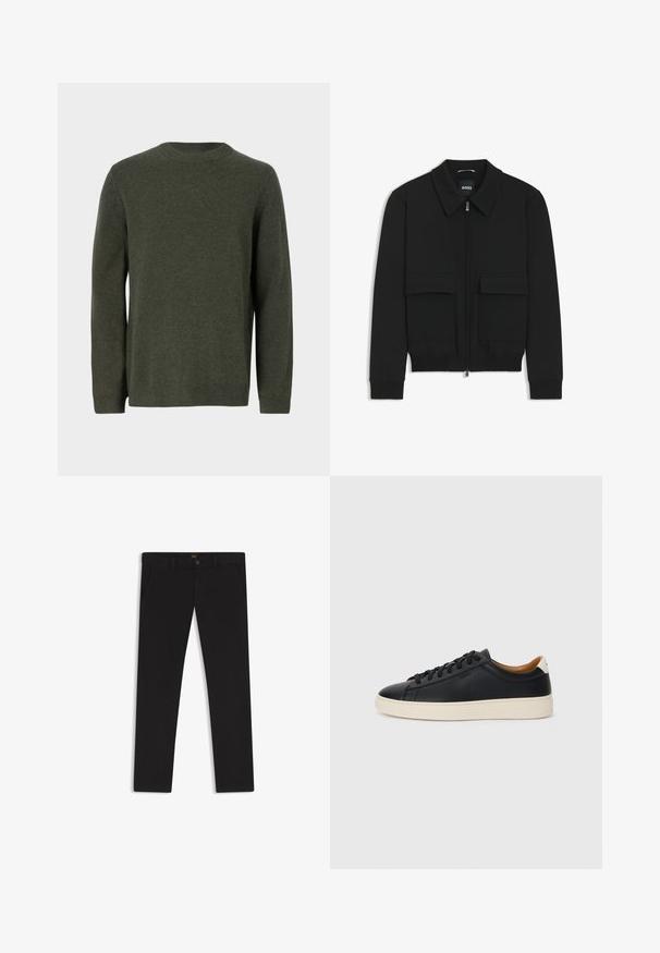 Black bomber jacket with a collared neck, zip front, and two large flap pockets. Features ribbed cuffs and hem, made of textured fabric.; Dark green knit sweater with a crew neckline, long sleeves, and ribbed cuffs and hem. Smooth texture with a solid pattern throughout.; Black trousers made of fabric with a smooth texture. Features a button closure, belt loops, and side pockets. Standard straight-leg design.; Black leather sneakers with a smooth texture, beige rubber sole, lace-up design, and a contrasting heel accent.