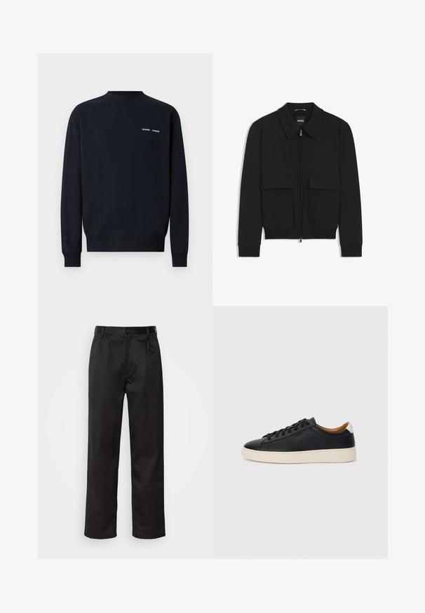 Giacca bomber nera con colletto, chiusura a zip frontale e due grandi tasche con patta. Presenta polsini e orlo a costine, realizzata in tessuto testurizzato.; Felpa di un blu scuro in cotone. Presenta un colletto a girocollo, maniche lunghe e due piccoli loghi bianchi del marchio sul petto sinistro.; Pantaloni neri realizzati in tessuto morbido, con chiusura frontale a bottone, pieghe e gambe dritte. Nessun motivo o accento visibile.; Sneakers in pelle nera con una texture liscia, suola in gomma beige, design con lacci e un accento del tacco in contrasto.