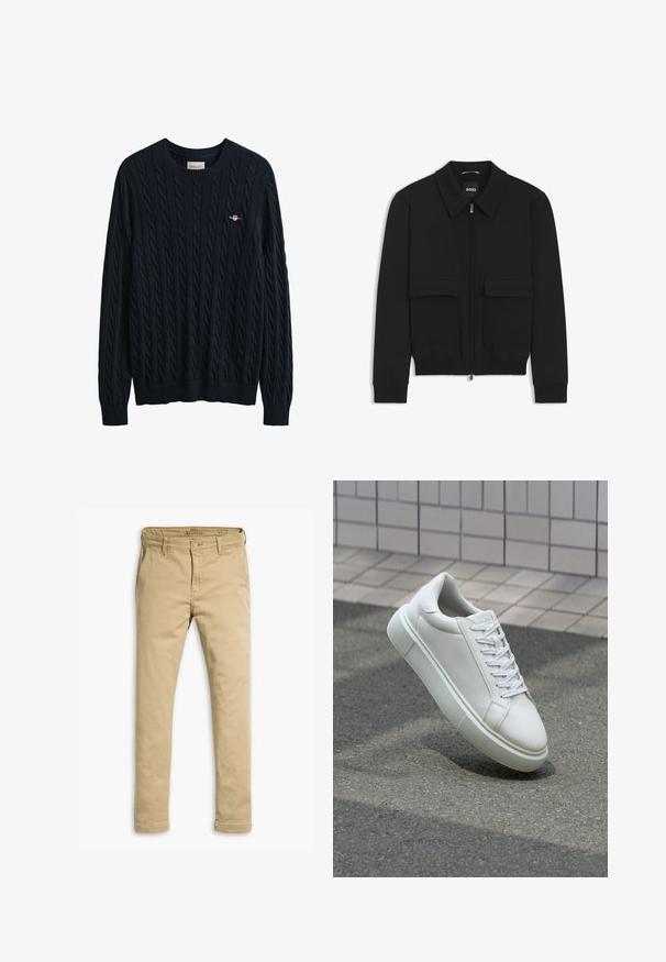 Black bomber jacket with a collared neck, zip front, and two large flap pockets. Features ribbed cuffs and hem, made of textured fabric.; Navy blue cable-knit sweater with ribbed neckline and hem, featuring a small logo on the chest. Made from a textured, soft material.; Tan chinos made of cotton, featuring a straight leg design, front and back pockets, and a button fly closure with belt loops.; White leather sneaker with a smooth surface, round toe, and flat white laces. Features a textured rubber sole and minimal design elements.