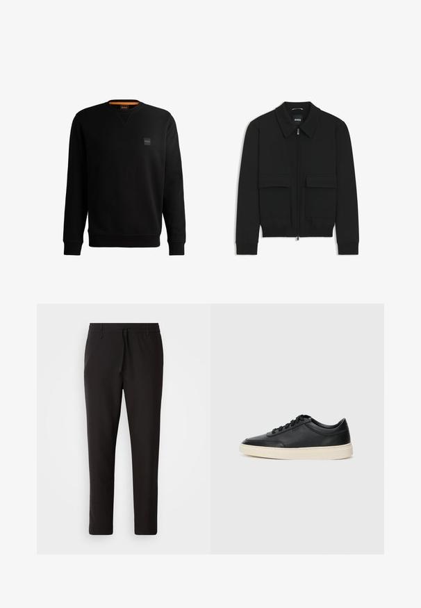 Chaqueta bomber negra con cuello tipo camisa, cierre frontal de cremallera y dos grandes bolsillos con solapa. Presenta puños ribeteados y dobladillo, confeccionada en tela texturizada.; Sudadera negra de mezcla de algodón, con cuello redondo, mangas largas, puños de canalé y un pequeño parche de logo en el pecho.; Pantalones de chándal negros de tejido suave. Cuentan con una cintura elástica con cordón, piernas ajustadas y sin bolsillos visibles. Diseño sencillo.; Zapatilla negra de piel de caña baja con cordones negros y suela color crema, mostrada en perfil lateral sobre fondo blanco.