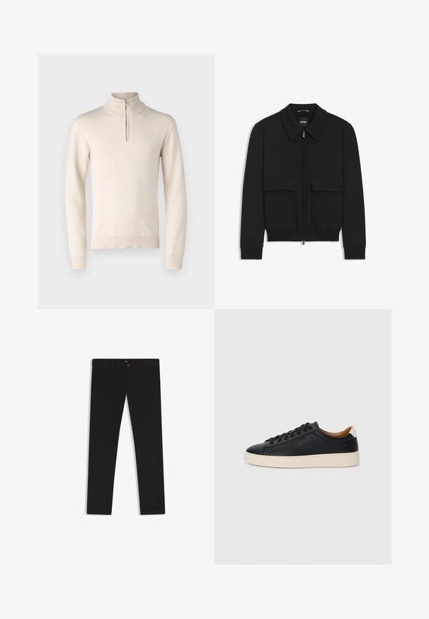 Musta pommikohva takki, jossa on kauluskulli, vetoketju etupuolella ja kaksi suurta läpällistä taskua. Varustettu ribbireunuksilla hihoissa ja helmassa, valmistettu teksturoituneesta kankaasta.; Bruuns Bazaar SIMONBBNOVEL KNIT - Neule - kit; Mustat housut, jotka on valmistettu sileätekstiilisestä kankaasta. Varustettu nappikiinnityksellä, vyölenkeillä ja sivutaskuilla. Standardi suora lahjemalli.; Mustat nahkasneakerit, joissa on sileä pinta, beige kumipohja, nauhakiinnitys ja erottuva kanta-aksentti.