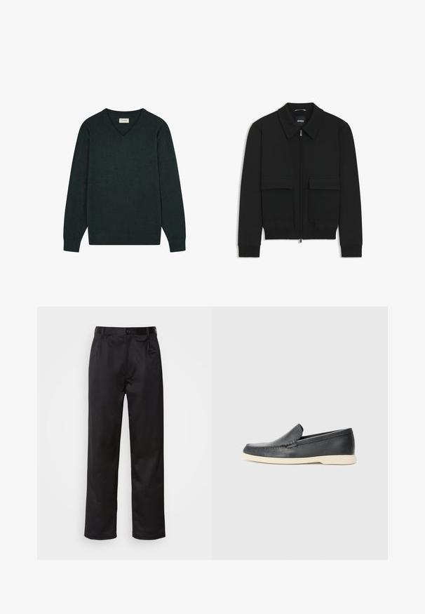 Schwarze Bikerjacke mit Kragen, Reißverschluss vorne und zwei großen Taschen mit Klappen. Mit Rippstrickbündchen und Saum, aus strukturiertem Stoff gefertigt.; Dunkelgrüner V-Ausschnitt-Pullover aus weichem Strickstoff. Mit langen Ärmeln und einem dezenten gestickten Logo auf der Brust.; Schwarze Hosen aus glattem Stoff, mit einem Knopfverschluss vorne, Falten und geraden Beinen. Keine sichtbaren Muster oder Akzente.; Schwarze Leder-Slipper mit strukturiertem Finish und einer kontrastierenden beige Gummisohle. Mit einem dezenten Akzent an der Vorderseite.