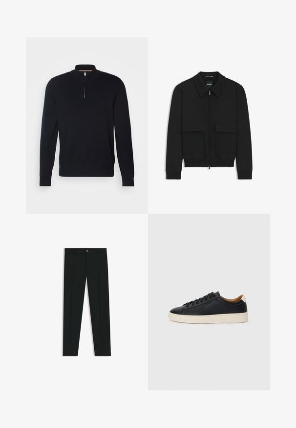 Black bomber jacket with a collared neck, zip front, and two large flap pockets. Features ribbed cuffs and hem, made of textured fabric.; Black knit sweater with a high collar and half-zip closure. Features subtle branding on the chest and ribbed cuffs and hem.; Black dress pants with a straight-leg design, made of smooth fabric. Features a front button closure and belt loops. Plain without patterns.; Black leather sneakers with a smooth texture, beige rubber sole, lace-up design, and a contrasting heel accent.