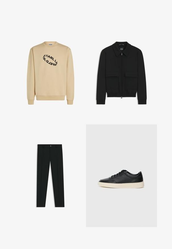 Musta pommikohva takki, jossa on kauluskulli, vetoketju etupuolella ja kaksi suurta läpällistä taskua. Varustettu ribbireunuksilla hihoissa ja helmassa, valmistettu teksturoituneesta kankaasta.; Beige huppari pyöreällä kaula-aukolla. Musta tekstimuotoilu, joka on spiraalimaisessa asennossa. Pitkät hihat ja ribbireunat helmassa.; Musta housut, joissa on suora lahje, valmistettu sileästä kankaasta. Edessä nappisulku ja vyölenkit. Yksinkertainen ilman kuvioita.; Musta matalavartinen nahkastretchu, jossa on mustat nauhat ja vaaleanharmaa pohja, esitetty sivuprofiilissa valkoista taustaa vasten.