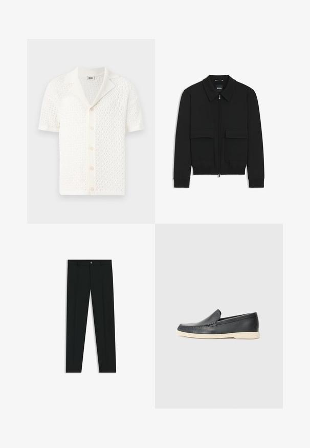 Svart bomberjacka med krage, dragkedja framtill och två stora klafffickor. Har ribbade mudd och nederkant, tillverkad av strukturerad tyg.; Kortärmad, vit stickad cardigan med en texturerad, öppen vävdesign och en klassisk krage. Har sex knappstängningar fram.; Svarta dressbyxor med rak bendesign, gjorda av ett mjukt tyg. Har stängning med frontknapp och bälteshällor. Enfärgade utan mönster.; Svarta läder slip-on loafers med en texturerad yta och en kontrasterande beige gummisula. Har en subtil accent längs fram.