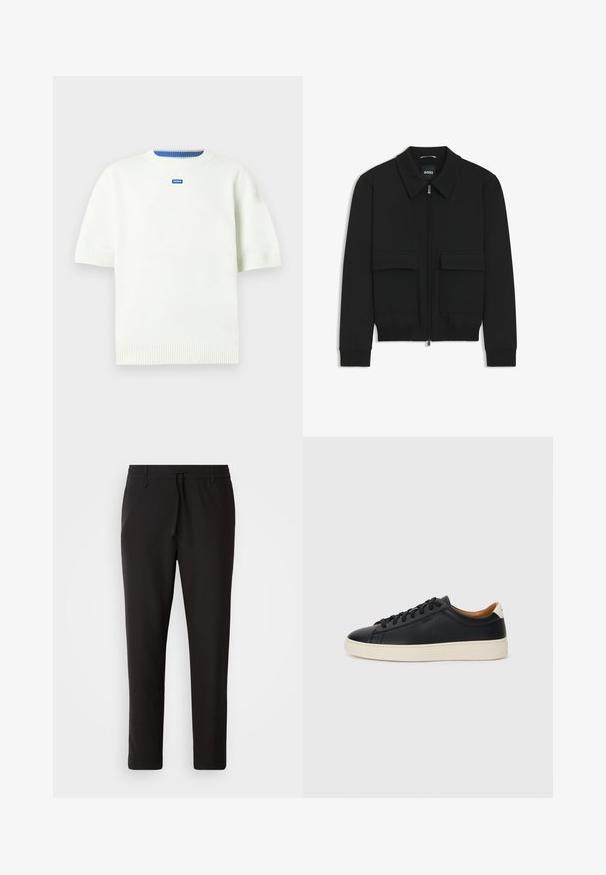 Zwarte bomberjack met een kraag, rits aan de voorkant en twee grote klepzakken. Heeft geribde manchetten en onderrand, gemaakt van textuurstof.; Witte korte mouwen sweater van gebreide stof met een geribbelde halslijn en zoom. Een klein blauw logo staat centraal op de voorkant.; Zwarte joggingsbroek van gladde stof. Kenmerkt zich door een elastische tailleband met een trekkoord, taps toelopende benen en geen zichtbare zakken. Eenvoudig ontwerp.; Zwarte leren sneakers met een gladde textuur, beige rubberen zool, vetersluiting en een contrasterende hielaccent.