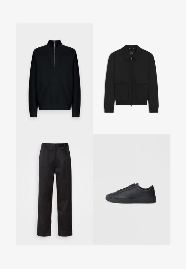 Schwarze Bikerjacke mit Kragen, Reißverschluss vorne und zwei großen Taschen mit Klappen. Mit Rippstrickbündchen und Saum, aus strukturiertem Stoff gefertigt.; Schwarzer Pullover mit hohem Kragen und Viertel-Reißverschluss vorne. Gerippte Struktur am Kragen. Lange Ärmel und lockere Passform.; Schwarze Hosen aus glattem Stoff, mit einem Knopfverschluss vorne, Falten und geraden Beinen. Keine sichtbaren Muster oder Akzente.; Schwarze Sneaker aus glattem Leder mit einem tiefen Design, runder Zehenform und flacher Gummi-Sohle. Mit Schnürsenkeln und dezentem Branding.