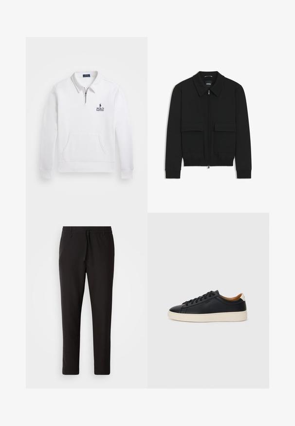 Black bomber jacket with a collared neck, zip front, and two large flap pockets. Features ribbed cuffs and hem, made of textured fabric.; White pullover sweatshirt with a quarter zip, front pocket, and navy embroidered logo. Made from soft fabric, featuring a classic collar.; Black jogger pants made of smooth fabric. Feature an elastic waistband with a drawstring, tapered legs, and no visible pockets. Simple design.; Black leather sneakers with a smooth texture, beige rubber sole, lace-up design, and a contrasting heel accent.