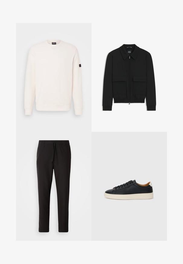 Giacca bomber nera con colletto, chiusura a zip frontale e due grandi tasche con patta. Presenta polsini e orlo a costine, realizzata in tessuto testurizzato.; Felpa color crema chiaro in morbido cotone misto, con collo rotondo, maniche lunghe, polsini a costine e una piccola etichetta con logo sulla manica sinistra.; Pantaloni jogger neri realizzati in tessuto liscio. Presentano una vita elasticizzata con stringa, gambe affusolate e senza tasche visibili. Design semplice.; Sneakers in pelle nera con una texture liscia, suola in gomma beige, design con lacci e un accento del tacco in contrasto.