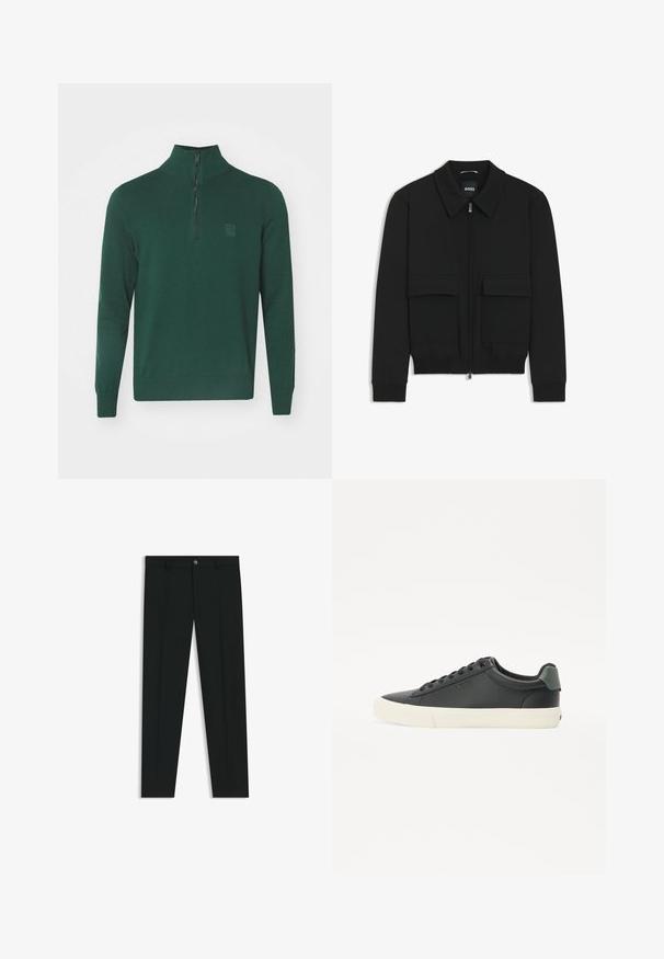 Svart bomberjacka med krage, dragkedja framtill och två stora klafffickor. Har ribbade mudd och nederkant, tillverkad av strukturerad tyg.; Grön stickad tröja med hög krage och en kvartslång dragkedja. Har ribbade muddar och nederkant, samt en liten logotyp på bröstet.; Svarta dressbyxor med rak bendesign, gjorda av ett mjukt tyg. Har stängning med frontknapp och bälteshällor. Enfärgade utan mönster.; Svarta lädersneakers med en texturerad yta, vit gummisula, rund tå och grönt inslag vid hälen. Design med snörning genom sex öglor.