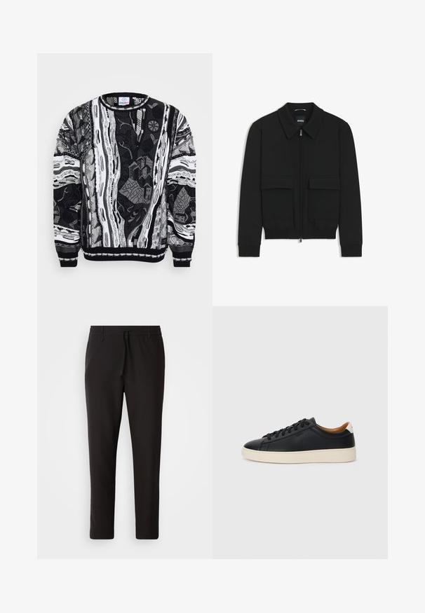 Schwarze Bikerjacke mit Kragen, Reißverschluss vorne und zwei großen Taschen mit Klappen. Mit Rippstrickbündchen und Saum, aus strukturiertem Stoff gefertigt.; Schwarz-weißer Pullover mit komplexen Mustern, die Stadtszenen und abstrakte Designs zeigen. Stricktextur mit gerippten Bündchen und Halsauschnitt.; Schwarze Jogginghose aus glattem Stoff. Mit einem elastischen Bund und Kordelzug, schmal zulaufenden Beinen und ohne sichtbare Taschen. Einfaches Design.; Schwarze Ledersneaker mit glatter Textur, beiger Gummisohle, Schnürdesign und einem kontrastierenden Fersenakzent.