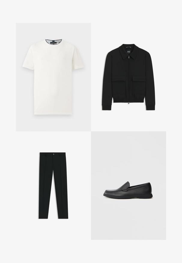 Musta pommikohva takki, jossa on kauluskulli, vetoketju etupuolella ja kaksi suurta läpällistä taskua. Varustettu ribbireunuksilla hihoissa ja helmassa, valmistettu teksturoituneesta kankaasta.; Valkoinen lyhythihainen t-paita, jossa on teksturoidut yksityiskohdat, pyöreä kaula-aukko ja tummansiniset raidat kauluksessa. Kevyt kangas. Rennon mallinen.; Musta housut, joissa on suora lahje, valmistettu sileästä kankaasta. Edessä nappisulku ja vyölenkit. Yksinkertainen ilman kuvioita.; Musta nahkainen liukuvi loafer, jossa on tekstuuripinta, pyöreä kärki, matala korko ja kumipohja, esitelty sivuprofiilissa valkoisella taustalla.