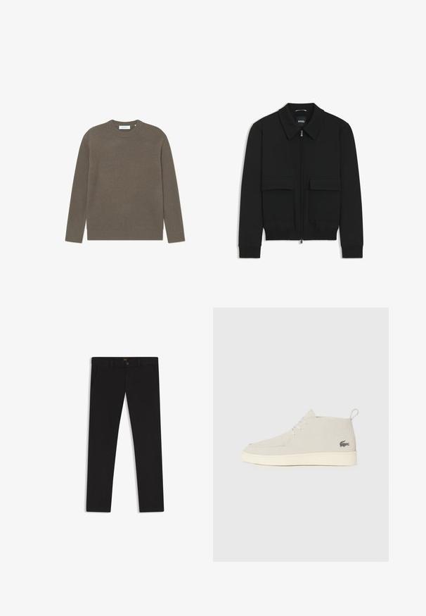 Schwarze Bikerjacke mit Kragen, Reißverschluss vorne und zwei großen Taschen mit Klappen. Mit Rippstrickbündchen und Saum, aus strukturiertem Stoff gefertigt.; Gerippter Strickpullover in erdigem Braun, mit Rundhalsausschnitt und langen Ärmeln, mit strukturiertem Finish und dezentem Markenetikett.; Schwarze Hosen aus einem Stoff mit glatter текстуре. Verfügt über einen Knopfverschluss, Gürtelschlaufen und Seitentaschen. Klassisches Design mit geradem Bein.; Hellgraue Wildleder-Ankle-Boots mit runder Zehenpartie, weißer Gummisohle und dezentem Logo-Detail an der Seite. Mit Schnürverschluss.