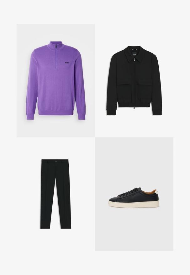 Czarna kurtka bomberka z kołnierzykiem, zapinana na zamek, z dwiema dużymi kieszeniami z klapami. Posiada ściągacze na mankietach i dole, wykonana z teksturowanej tkaniny.; Fioletowy sweter z zamkiem na szyi, wykonany z miękkiego materiału. Posiada długie rękawy, ściągacze oraz czarne logo "BOSS" na piersi.; Czarne spodnie materiałowe z prostymi nogawkami, wykonane z gładkiego materiału. Posiadają zamek na guzik z przodu oraz szlufki na pasek. Gładkie, bez wzorów.; Czarne skórzane trampki o gładkiej fakturze, jasnobrązowa gumowa podeszwa, sznurowana konstrukcja i kontrastujący akcent na pięcie.