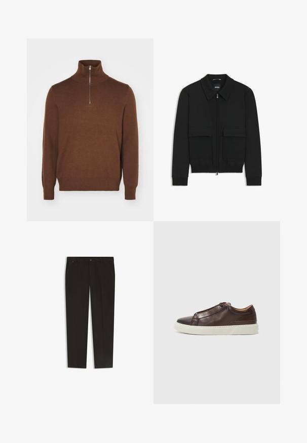 Giacca bomber nera con colletto, chiusura a zip frontale e due grandi tasche con patta. Presenta polsini e orlo a costine, realizzata in tessuto testurizzato.; Maglione marrone con zip e colletto alto realizzato in morbido tessuto a maglia. Maniche lunghe e design aderente. Superficie semplice e testurizzata senza motivi.; Pantaloni neri con un design a gamba dritta, realizzati in un tessuto liscio. Presentano una chiusura con bottone e tasche frontali. Senza motivi o accenti visibili.; Sneaker in pelle marrone con punta arrotondata, suola in gomma bianca a contrasto, dettagli cuciti e nessun lace visibile. Texture complessiva liscia.
