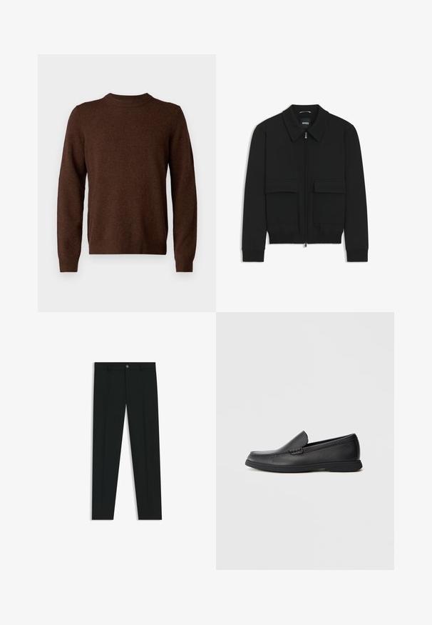 Zwarte bomberjack met een kraag, rits aan de voorkant en twee grote klepzakken. Heeft geribde manchetten en onderrand, gemaakt van textuurstof.; Samsøe Samsøe ISAK SWEATER - Trui - chocolate torte; Zwarte dresspants met een recht pasvorm, gemaakt van een gladde stof. Heeft een sluiting met een knoop aan de voorkant en ceintuurlussen. Effen zonder patronen.; Zwarte leren instaploafer met een textuur bovenwerk, ronde neus, lage hak en rubberen zool, weergegeven in zijprofiel op een witte achtergrond.