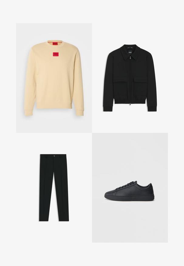 Black bomber jacket with a collared neck, zip front, and two large flap pockets. Features ribbed cuffs and hem, made of textured fabric.; Crewneck sweatshirt in light beige cotton. Features a red square logo patch at the chest and ribbed cuffs and hem. Smooth texture.; Black dress pants with a straight-leg design, made of smooth fabric. Features a front button closure and belt loops. Plain without patterns.; Black sneakers made of smooth leather with a low-top design, round toe, and flat rubber sole. Features laces and subtle branding.