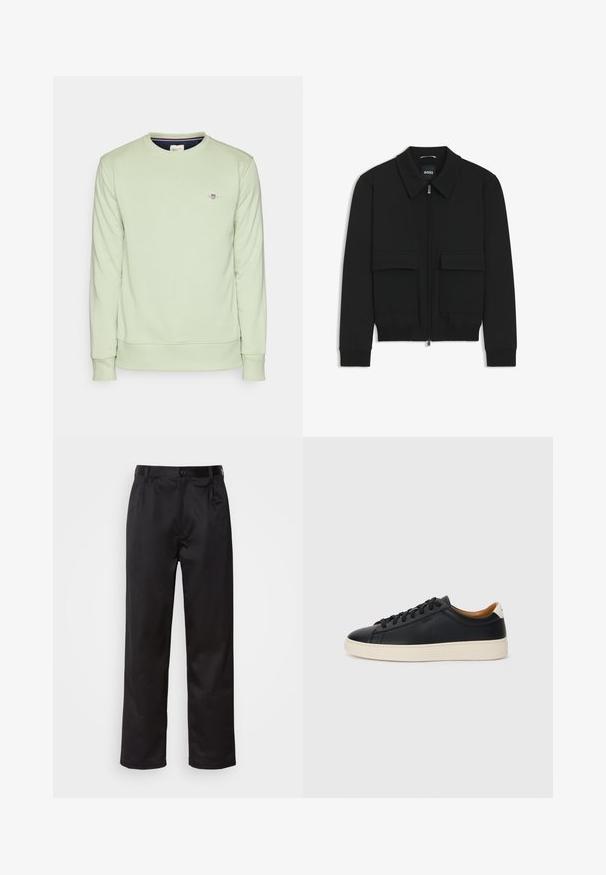 Giacca bomber nera con colletto, chiusura a zip frontale e due grandi tasche con patta. Presenta polsini e orlo a costine, realizzata in tessuto testurizzato.; Felpa verde chiaro con maniche lunghe, polsini e orlo a costine. Caratterizzata da un piccolo logo ricamato sul petto. Tessuto morbido.; Pantaloni neri realizzati in tessuto morbido, con chiusura frontale a bottone, pieghe e gambe dritte. Nessun motivo o accento visibile.; Sneakers in pelle nera con una texture liscia, suola in gomma beige, design con lacci e un accento del tacco in contrasto.