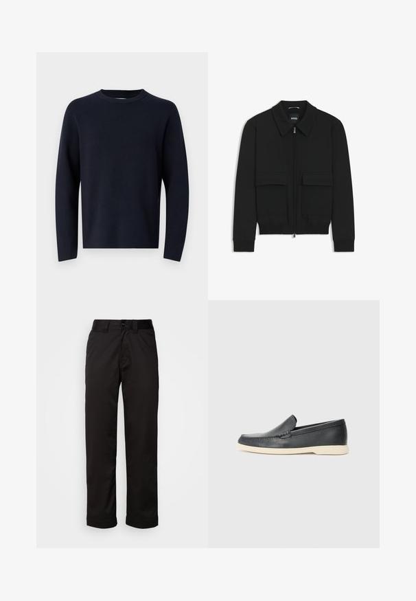 Sort bomberjakke med krave, lynlås foran og to store klaplommer. Har ribbede manchetter og bund, lavet af struktureret stof.; Marinblå sweater, rund halsudskæring, lange ærmer, lavet af blødt stof med en glat tekstur. Enkelt design, ingen synlige mønstre eller hardware.; Sorte bukser lavet af glat stof med lynlås, knaplukning og opsmøgede nedenkanter for et afslappet design.; Sorte læder slip-on loafers med en struktureret overflade og en kontrasterende beige gummisål. Har en subtil detalje langs forsiden.