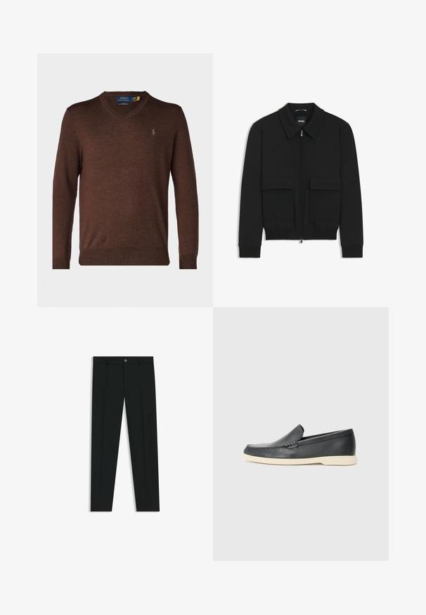 Svart bomberjacka med krage, dragkedja framtill och två stora klafffickor. Har ribbade mudd och nederkant, tillverkad av strukturerad tyg.; Polo Ralph Lauren SLIM FIT WASHABLE WOOL V-NECK JUMPER - Stickad tröja - cacao brown heather; Svarta dressbyxor med rak bendesign, gjorda av ett mjukt tyg. Har stängning med frontknapp och bälteshällor. Enfärgade utan mönster.; Svarta läder slip-on loafers med en texturerad yta och en kontrasterande beige gummisula. Har en subtil accent längs fram.