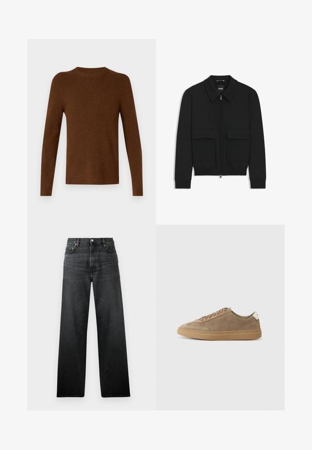 Schwarze Bikerjacke mit Kragen, Reißverschluss vorne und zwei großen Taschen mit Klappen. Mit Rippstrickbündchen und Saum, aus strukturiertem Stoff gefertigt.; Brauner Pullover mit Rundhalsausschnitt, langen Ärmeln und einer glatten Textur. Gerippte Bündchen und Saum sorgen für eine enge Passform.; Schwarze Jeans aus Denim mit geradem Bein, ausgestattet mit fünf Taschen und einem Knopfverschluss. Der Stoff hat einen leichten Glanz und eine sichtbare Textur.; Wildledersneaker in Hellbraun mit Gummisohle. Sie verfügen über ein schnürbares Design und einen minimalistischen Stil, akzentuiert mit einer weißen Fersenschlaufe.