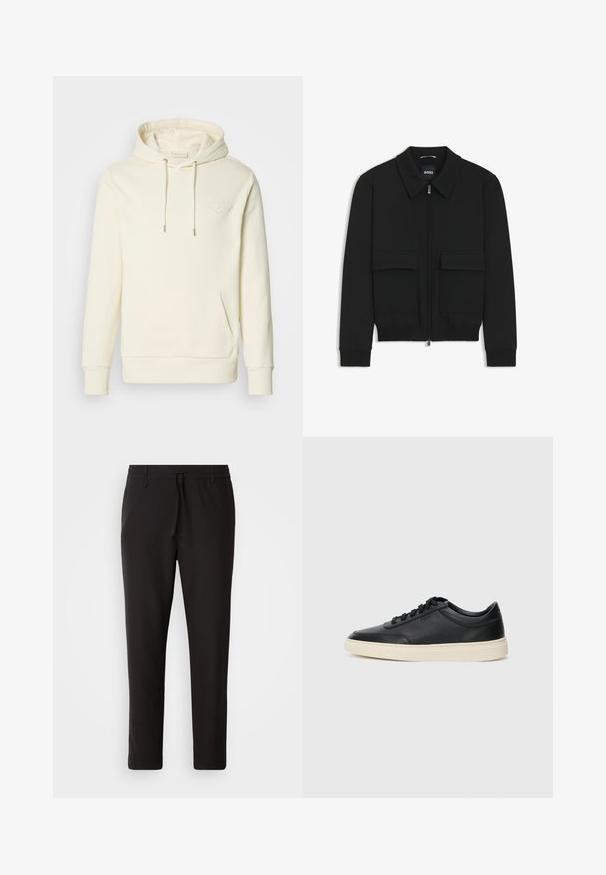Giacca bomber nera con colletto, chiusura a zip frontale e due grandi tasche con patta. Presenta polsini e orlo a costine, realizzata in tessuto testurizzato.; Felpa color crema con tasca frontale, cappuccio regolabile con laccio e logo in rilievo sul petto. Tessuto morbido con polsini e orlo a coste.; Pantaloni jogger neri realizzati in tessuto liscio. Presentano una vita elasticizzata con stringa, gambe affusolate e senza tasche visibili. Design semplice.; Sneaker in pelle nera a basso profilo con lacci neri e suola avorio, mostrato di profilo su sfondo bianco.