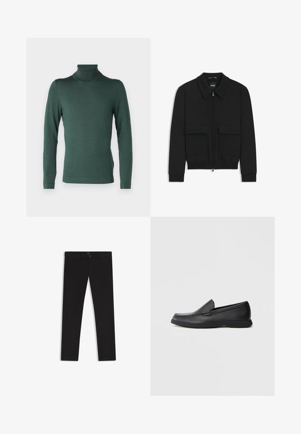 Musta pommikohva takki, jossa on kauluskulli, vetoketju etupuolella ja kaksi suurta läpällistä taskua. Varustettu ribbireunuksilla hihoissa ja helmassa, valmistettu teksturoituneesta kankaasta.; DRYKORN JOEY - Neule - green; Mustat housut, jotka on valmistettu sileätekstiilisestä kankaasta. Varustettu nappikiinnityksellä, vyölenkeillä ja sivutaskuilla. Standardi suora lahjemalli.; Musta nahkainen liukuvi loafer, jossa on tekstuuripinta, pyöreä kärki, matala korko ja kumipohja, esitelty sivuprofiilissa valkoisella taustalla.