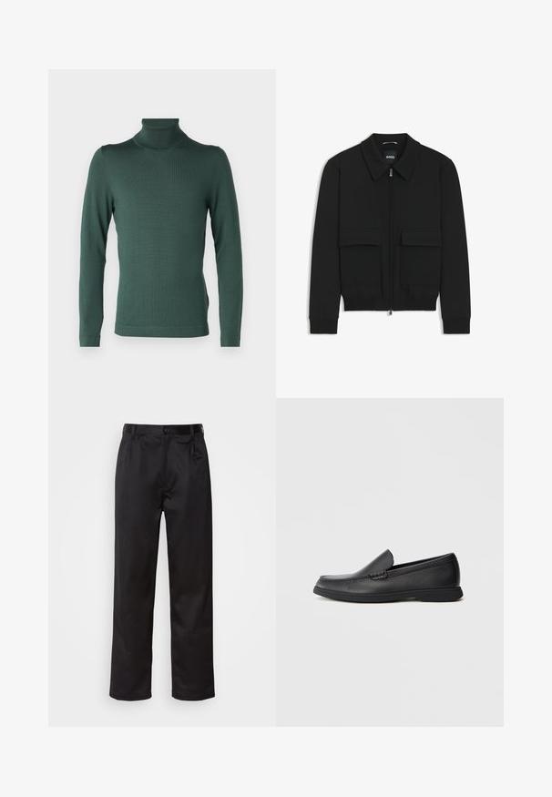 Schwarze Bikerjacke mit Kragen, Reißverschluss vorne und zwei großen Taschen mit Klappen. Mit Rippstrickbündchen und Saum, aus strukturiertem Stoff gefertigt.; DRYKORN JOEY - Strickpullover - green; Schwarze Hosen aus glattem Stoff, mit einem Knopfverschluss vorne, Falten und geraden Beinen. Keine sichtbaren Muster oder Akzente.; Schwarze Leder Slipper mit strukturiertem Obermaterial, runder Zehenform, niedrigem Absatz und Gummisohle, seitlich auf weißem Hintergrund abgebildet.