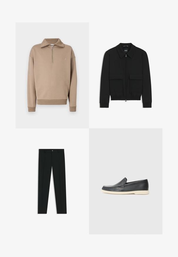 Giacca bomber nera con colletto, chiusura a zip frontale e due grandi tasche con patta. Presenta polsini e orlo a costine, realizzata in tessuto testurizzato.; Felpa beige con alto colletto e zip a metà. Realizzata in morbido tessuto con polsini e orlo a coste, presenta un piccolo logo sul petto.; Pantaloni neri in tessuto lisci, con design a gamba dritta. Presentano una chiusura frontale con bottone e passanti per cintura. Senza fantasie.; Mocassini neri in pelle con finitura testurizzata e suola in gomma beige a contrasto. Presentano un accento sottile lungo la parte anteriore.