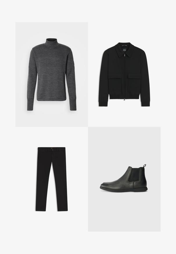 Black bomber jacket with a collared neck, zip front, and two large flap pockets. Features ribbed cuffs and hem, made of textured fabric.; Mads Nørgaard KLEMENS - Jumper - charcoal melange; Black trousers made of fabric with a smooth texture. Features a button closure, belt loops, and side pockets. Standard straight-leg design.; Black leather ankle boots with a smooth texture, elastic side panels, and a pull tab at the back. Rounded toe and rubber sole.