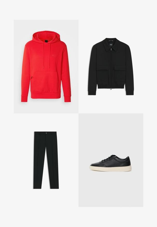 Giacca bomber nera con colletto, chiusura a zip frontale e due grandi tasche con patta. Presenta polsini e orlo a costine, realizzata in tessuto testurizzato.; BOSS SOODY - Felpa con cappuccio - open red; Pantaloni neri in tessuto lisci, con design a gamba dritta. Presentano una chiusura frontale con bottone e passanti per cintura. Senza fantasie.; Sneaker in pelle nera a basso profilo con lacci neri e suola avorio, mostrato di profilo su sfondo bianco.