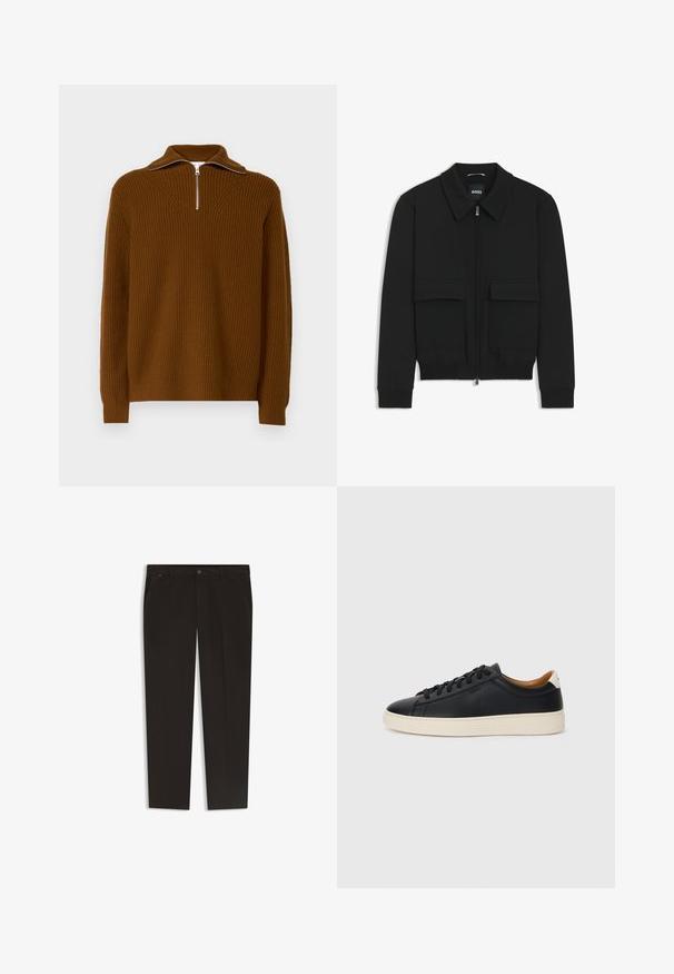 Schwarze Bikerjacke mit Kragen, Reißverschluss vorne und zwei großen Taschen mit Klappen. Mit Rippstrickbündchen und Saum, aus strukturiertem Stoff gefertigt.; Brauner gerippter Pullover mit hohem Kragen und halbem Reißverschluss, strukturiertem Strickdesign und langen Ärmeln mit gerippten Bündchen.; Schwarze Hose mit geradem Bein, aus einem glatten Stoff. Mit Knopfverschluss und Fronttaschen. Keine sichtbaren Muster oder Akzente.; Schwarze Ledersneaker mit glatter Textur, beiger Gummisohle, Schnürdesign und einem kontrastierenden Fersenakzent.