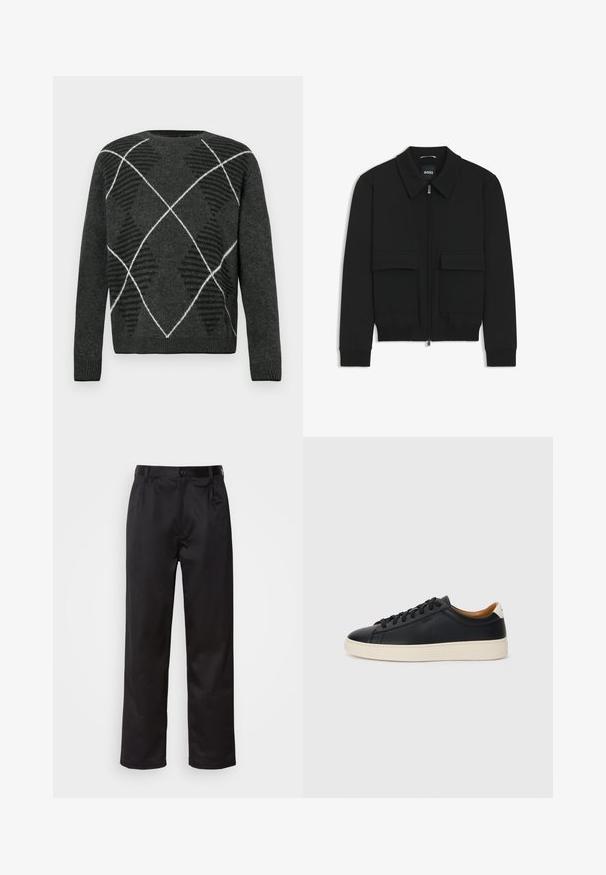 Musta pommikohva takki, jossa on kauluskulli, vetoketju etupuolella ja kaksi suurta läpällistä taskua. Varustettu ribbireunuksilla hihoissa ja helmassa, valmistettu teksturoituneesta kankaasta.; Tumma harmaa villapaita, jossa on tekstuuriarkille tyypillinen kuvio mustana ja valkoisena. Ominaisuuksiin kuuluu pyöreä kaula-aukko ja ribbireunat. Pehmeää kangasta, pitkät hihat.; Musta housut sileästä kankaasta, joissa on etupainike, laskokset ja suorat lahkeet. Ei näkyviä kuvioita tai korostuksia.; Mustat nahkasneakerit, joissa on sileä pinta, beige kumipohja, nauhakiinnitys ja erottuva kanta-aksentti.