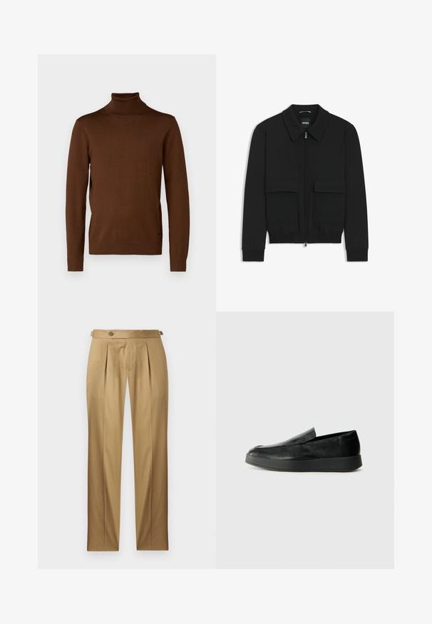 Giacca bomber nera con colletto, chiusura a zip frontale e due grandi tasche con patta. Presenta polsini e orlo a costine, realizzata in tessuto testurizzato.; JOOP! DONTE - Maglione - rust/copper; Pantaloni beige con vestibilità dritta, caratterizzati da pinces, chiusura con bottone e passanti per cintura. Tessuto liscio con un aspetto pulito e sartoriale.; Calvin Klein HYBRID CUP - Scarpe senza lacci - triple black