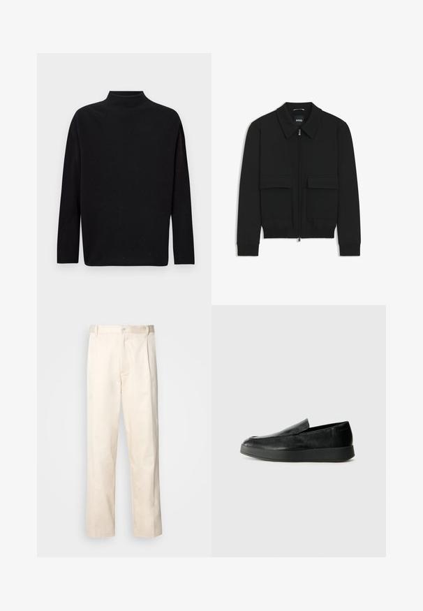 Czarna kurtka bomberka z kołnierzykiem, zapinana na zamek, z dwiema dużymi kieszeniami z klapami. Posiada ściągacze na mankietach i dole, wykonana z teksturowanej tkaniny.; Czarny sweter z golfem, wykonany z miękkiego dzianiny, z długimi rękawami, luźnym krojem i wysokim kołnierzem. Brak widocznych wzorów lub elementów metalowych.; Beżowe bawełniane spodnie o prostym kroju nogawki, z zapięciem na guziki i plisami z przodu dla dodatkowego zdobienia.; Calvin Klein HYBRID CUP czarny