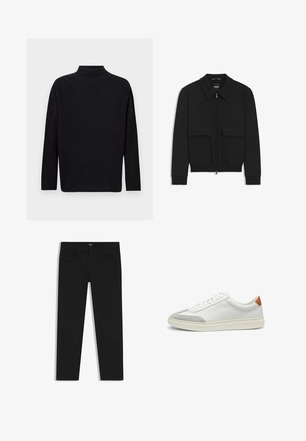 Czarna kurtka bomberka z kołnierzykiem, zapinana na zamek, z dwiema dużymi kieszeniami z klapami. Posiada ściągacze na mankietach i dole, wykonana z teksturowanej tkaniny.; Czarny sweter z golfem, wykonany z miękkiego dzianiny, z długimi rękawami, luźnym krojem i wysokim kołnierzem. Brak widocznych wzorów lub elementów metalowych.; Czarne dżinsy o prostym kroju, z klasycznym paskiem, pięcioma kieszeniami i zapięciem na guzik. Gładka faktura na całej powierzchni.; Białe skórzane tenisówki z szarymi zamszowymi akcentami oraz brązowym skórzanym zapiętkiem. Posiadają teksturowaną powierzchnię i lekką podeszwę.
