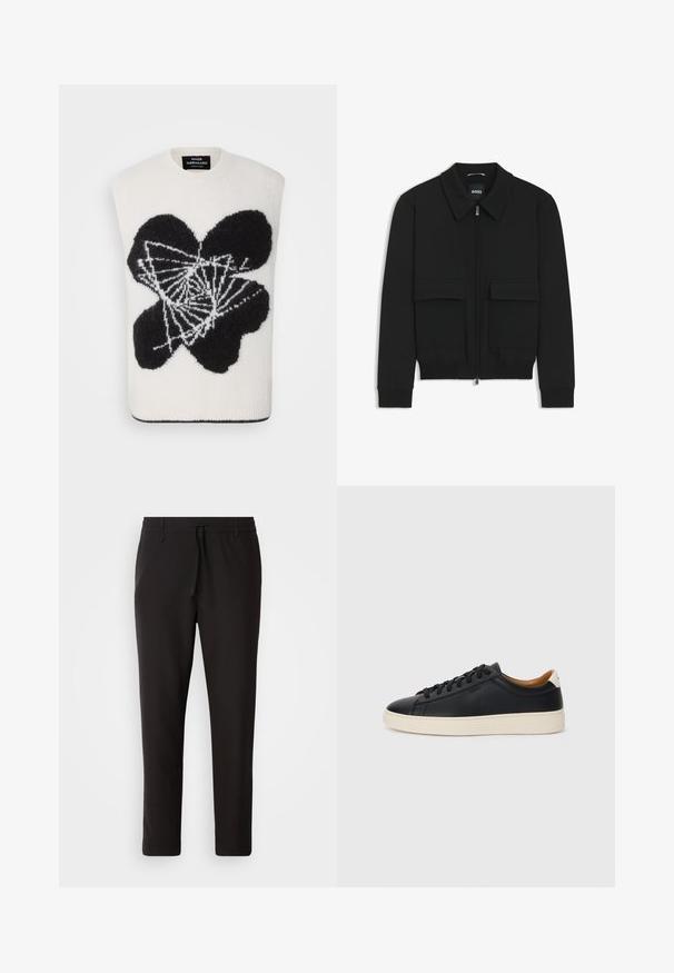 Schwarze Bikerjacke mit Kragen, Reißverschluss vorne und zwei großen Taschen mit Klappen. Mit Rippstrickbündchen und Saum, aus strukturiertem Stoff gefertigt.; Ärmelloser Pullover in Creme mit einem schwarzen abstrakten Blumendesign. Hergestellt aus weichem Stoff, mit rundem Ausschnitt und geripptem Saum.; Schwarze Jogginghose aus glattem Stoff. Mit einem elastischen Bund und Kordelzug, schmal zulaufenden Beinen und ohne sichtbare Taschen. Einfaches Design.; Schwarze Ledersneaker mit glatter Textur, beiger Gummisohle, Schnürdesign und einem kontrastierenden Fersenakzent.