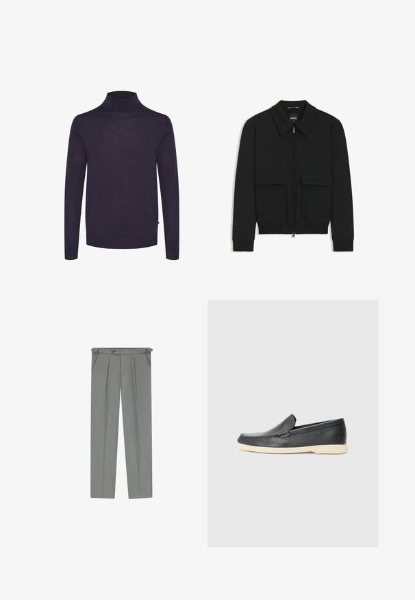 Schwarze Bikerjacke mit Kragen, Reißverschluss vorne und zwei großen Taschen mit Klappen. Mit Rippstrickbündchen und Saum, aus strukturiertem Stoff gefertigt.; Marineblauer Rollkragenpullover aus leichtem, feinem Strickmaterial. Hat lange Ärmel und einen hohen Kragen. Glatte Textur, schlichtes Design.; Hellegrau maßgeschneiderte Hose mit strukturierter Oberfläche, ausgestattet mit Falten, Gürtelschlaufen und einem Knopfverschluss an der Taille.; Schwarze Leder-Slipper mit strukturiertem Finish und einer kontrastierenden beige Gummisohle. Mit einem dezenten Akzent an der Vorderseite.