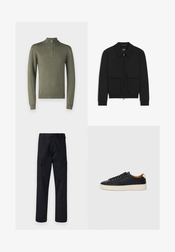 Zwarte bomberjack met een kraag, rits aan de voorkant en twee grote klepzakken. Heeft geribde manchetten en onderrand, gemaakt van textuurstof.; Olijfgroene pullover trui met een hoge kraag en een halve rits. Heeft lange mouwen en ribgebreide manchetten en zoom, gemaakt van zacht breimateriaal.; Zwarte cargobroek van stevig materiaal, met een rechte pijp, twee zijzakken en een knoopsluiting bij de taille.; Zwarte leren sneakers met een gladde textuur, beige rubberen zool, vetersluiting en een contrasterende hielaccent.
