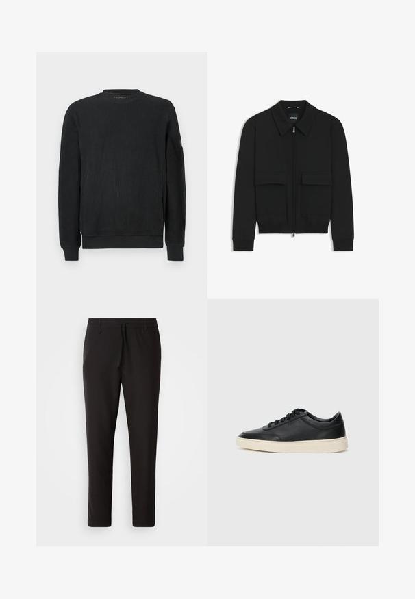 Giacca bomber nera con colletto, chiusura a zip frontale e due grandi tasche con patta. Presenta polsini e orlo a costine, realizzata in tessuto testurizzato.; Maglione nero a maniche lunghe in maglia con texture a coste, collo a giro, e polsini aderenti, fotografato su uno sfondo bianco.; Pantaloni jogger neri realizzati in tessuto liscio. Presentano una vita elasticizzata con stringa, gambe affusolate e senza tasche visibili. Design semplice.; Sneaker in pelle nera a basso profilo con lacci neri e suola avorio, mostrato di profilo su sfondo bianco.