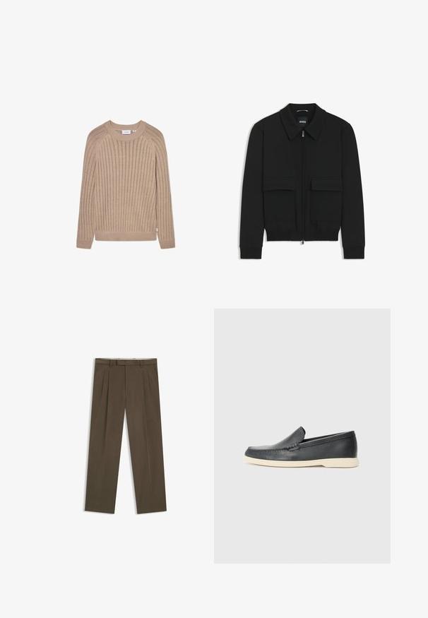 Black bomber jacket with a collared neck, zip front, and two large flap pockets. Features ribbed cuffs and hem, made of textured fabric.; Beige ribbed knit sweater with long sleeves, round neck, and subtle side logo tag. Features a textured pattern and fitted cuffs.; Brown pleated trousers made of cotton blend fabric. Features a straight cut, belt loops, and side pockets. Smooth texture with minimal detailing.; Black leather slip-on loafers with a textured finish and a contrasting beige rubber sole. Features a subtle accent along the front.