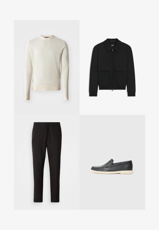 Giacca bomber nera con colletto, chiusura a zip frontale e due grandi tasche con patta. Presenta polsini e orlo a costine, realizzata in tessuto testurizzato.; Maglione a maglia di un tenue color beige, con maniche lunghe e scollatura rotonda. Tessuto testurizzato con finitura liscia, caratterizzato da orlo e polsini a coste.; Pantaloni jogger neri realizzati in tessuto liscio. Presentano una vita elasticizzata con stringa, gambe affusolate e senza tasche visibili. Design semplice.; Mocassini neri in pelle con finitura testurizzata e suola in gomma beige a contrasto. Presentano un accento sottile lungo la parte anteriore.