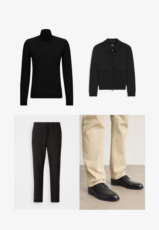 Schwarze Bikerjacke mit Kragen, Reißverschluss vorne und zwei großen Taschen mit Klappen. Mit Rippstrickbündchen und Saum, aus strukturiertem Stoff gefertigt.; Schwarzer Rollkragenpullover aus weichem Material mit langen Ärmeln und enger Passform. Rippbesatz am Saum und an den Bündchen. Einfaches Design.; Schwarze Jogginghose aus glattem Stoff. Mit einem elastischen Bund und Kordelzug, schmal zulaufenden Beinen und ohne sichtbare Taschen. Einfaches Design.; Schwarze Leder Schnürschuhe mit runder Zehenform, glatter Oberfläche und dezenten Nähdetails, getragen mit hellbeigen Hosen.