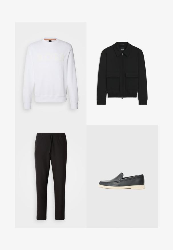 Giacca bomber nera con colletto, chiusura a zip frontale e due grandi tasche con patta. Presenta polsini e orlo a costine, realizzata in tessuto testurizzato.; BOSS Felpa - white; Pantaloni jogger neri realizzati in tessuto liscio. Presentano una vita elasticizzata con stringa, gambe affusolate e senza tasche visibili. Design semplice.; Mocassini neri in pelle con finitura testurizzata e suola in gomma beige a contrasto. Presentano un accento sottile lungo la parte anteriore.