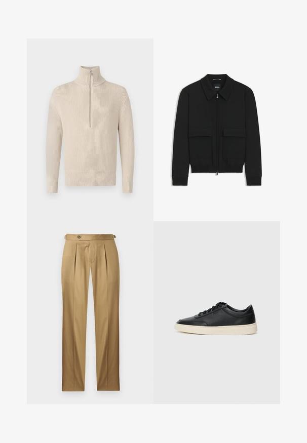 Musta pommikohva takki, jossa on kauluskulli, vetoketju etupuolella ja kaksi suurta läpällistä taskua. Varustettu ribbireunuksilla hihoissa ja helmassa, valmistettu teksturoituneesta kankaasta.; Beige ribbattu neule, jossa on korkea kaulus ja puoliveto. Ominaisuuksiin kuuluvat pitkät hihat ja suora helma. Pehmeä rakenne.; Beiget suoralahkeiset housut, joissa on laskokset, napillinen suljenta ja vyölenkit. Sileä kangas ja siisti, räätälöity ilme.; Musta matalavartinen nahkastretchu, jossa on mustat nauhat ja vaaleanharmaa pohja, esitetty sivuprofiilissa valkoista taustaa vasten.