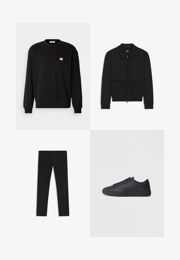Black bomber jacket with a collared neck, zip front, and two large flap pockets. Features ribbed cuffs and hem, made of textured fabric.; Black cotton crewneck sweatshirt with long sleeves, featuring a small, rectangular logo patch on the chest and ribbed cuffs.; Black trousers made of fabric with a smooth texture. Features a button closure, belt loops, and side pockets. Standard straight-leg design.; Black sneakers made of smooth leather with a low-top design, round toe, and flat rubber sole. Features laces and subtle branding.