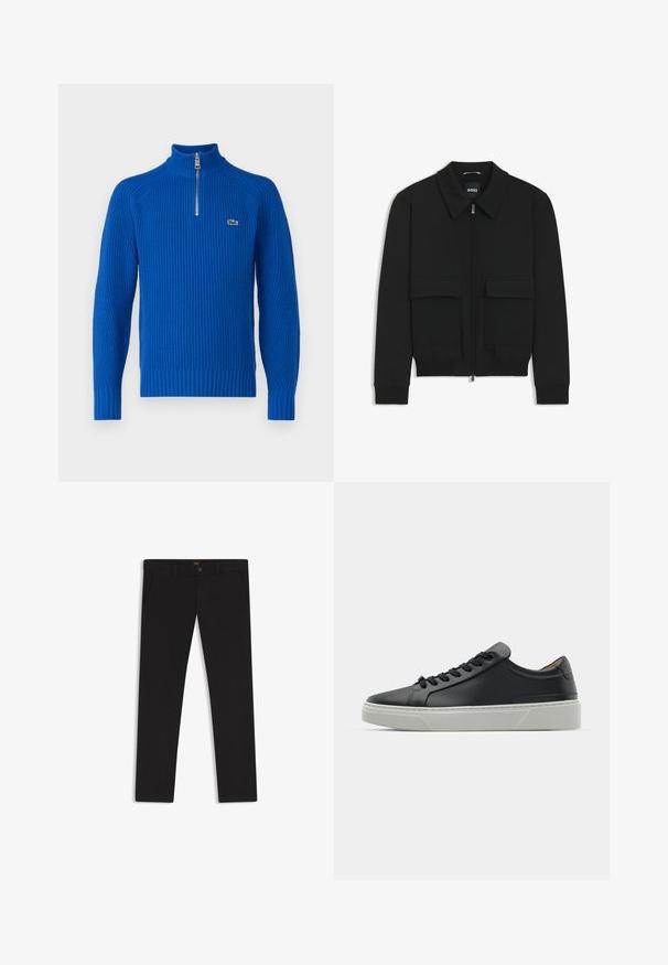 Svart bomberjacka med krage, dragkedja framtill och två stora klafffickor. Har ribbade mudd och nederkant, tillverkad av strukturerad tyg.; Lacoste Stickad tröja - lazuli; Svarta byxor gjorda av tyg med en slät textur. Har en knäppning med knapp, bälteshällor och sidofickor. Standard rakt ben-design.; Svart lädersneaker med en slät yta, rund tå och svarta skosnören. Har en tjock, vit gummisula med subtila geometriska accenter.