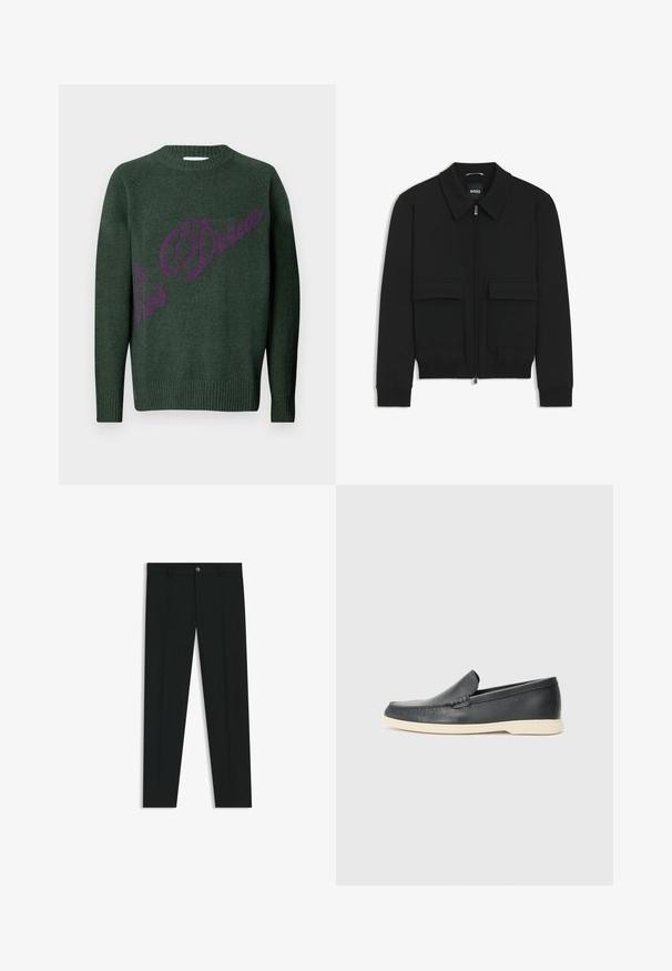 Schwarze Bikerjacke mit Kragen, Reißverschluss vorne und zwei großen Taschen mit Klappen. Mit Rippstrickbündchen und Saum, aus strukturiertem Stoff gefertigt.; Grüner Strickpullover mit geripptem Saum und Bündchen. Mit einem auffälligen lila Logo/Textdesign auf der Vorderseite. Klassischer Rundhalsausschnitt.; Schwarze Anzughosen mit geradem Bein, aus glattem Stoff. Mit Knopfverschluss vorne und Gürtelschlaufen. Schlicht ohne Muster.; Schwarze Leder-Slipper mit strukturiertem Finish und einer kontrastierenden beige Gummisohle. Mit einem dezenten Akzent an der Vorderseite.