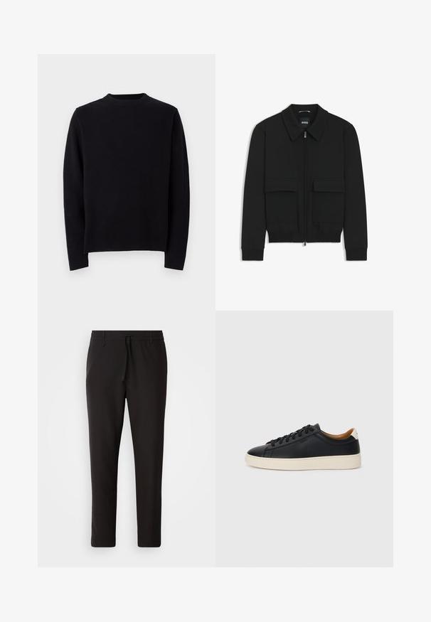 Musta pommikohva takki, jossa on kauluskulli, vetoketju etupuolella ja kaksi suurta läpällistä taskua. Varustettu ribbireunuksilla hihoissa ja helmassa, valmistettu teksturoituneesta kankaasta.; Mustapaitainen neulepusero, jossa on pitkät hihat, pyöreä ribbikaula-aukko ja suora leikkaus. Silkkinen pinta ilman näkyviä kuvioita tai yksityiskohtia.; Juoksuhousut mustasta sileästä kankaasta. Varustettu elastisella vyötärönauhalla ja nyörillä, supistuvat lahkeet ja ei näkyviä taskuja. Yksinkertainen muotoilu.; Mustat nahkasneakerit, joissa on sileä pinta, beige kumipohja, nauhakiinnitys ja erottuva kanta-aksentti.