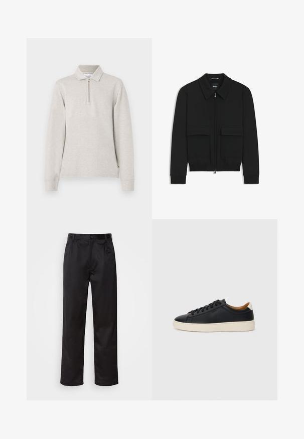 Giacca bomber nera con colletto, chiusura a zip frontale e due grandi tasche con patta. Presenta polsini e orlo a costine, realizzata in tessuto testurizzato.; Polo shirt grigio chiaro a maniche lunghe con collo a mezza zip, design con colletto e maniche a polsino, realizzato in un morbido tessuto testurizzato.; Pantaloni neri realizzati in tessuto morbido, con chiusura frontale a bottone, pieghe e gambe dritte. Nessun motivo o accento visibile.; Sneakers in pelle nera con una texture liscia, suola in gomma beige, design con lacci e un accento del tacco in contrasto.